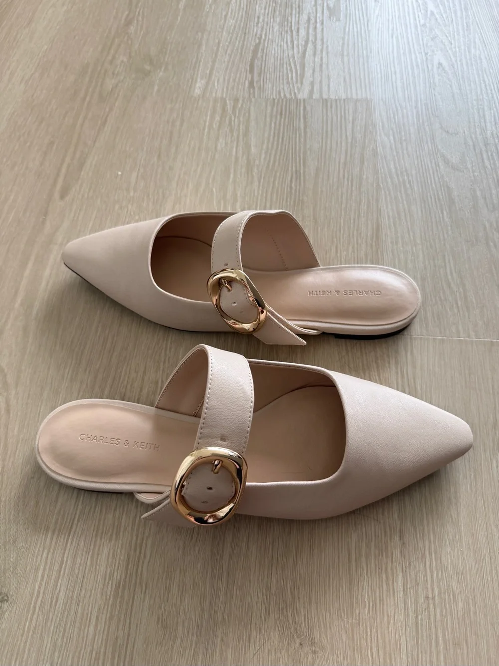 Charles & Keith Nude Buckle Strap Flat Mules